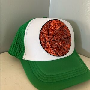 Green and White Trucker Hat with Sequin Basketball Design